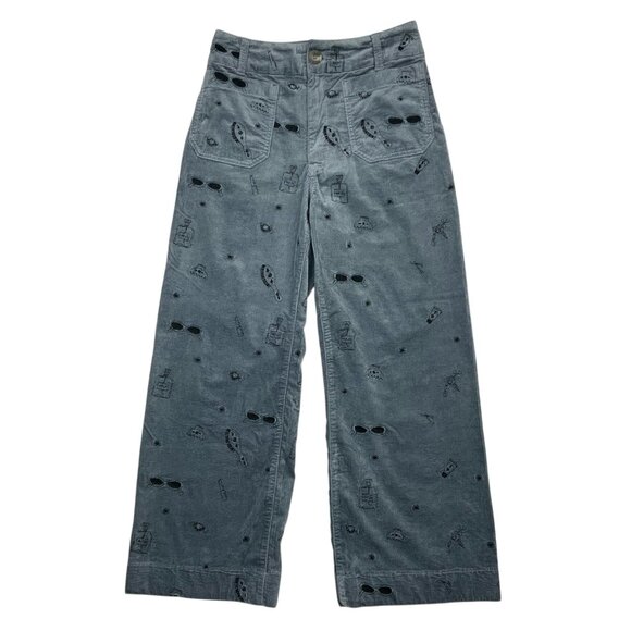 Anthropologie Maeve The Colette Crop Wide Leg Embroidered Corduroy Pant 27 Blue - Picture 12 of 12